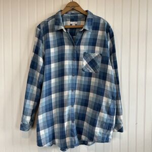 J. Jill Button Down Plaid Extra Large Blue Pockets 100% Cotton Women